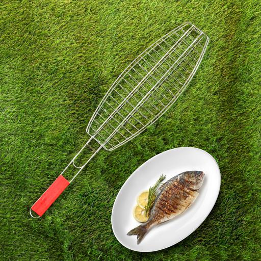 display image 1 for product Fish Barbeque Grill, Chromium Plated Iron, RF10386 | Folding Portable BBQ Grill for Fish, Vegetables, Shrimp with Removable Heat Resistant Wooden Handle