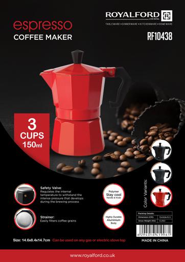 display image 8 for product Espresso Coffee Maker, Aluminium Coffee Maker, RF10438 | Polymer Stay Cool Handle and Knob | Can Be Used on Any Gas Stove or Electric Stove Top | 150ml Capacity