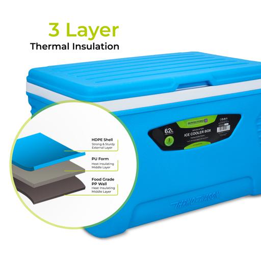 display image 6 for product Insulated Ice Cooler Box, 62L Portable Ice Chest, RF10480 | 3 Layer PP-PU-HDPE | Premium Quality Polymer | Thermal Insulation | Camping Cooler Ice Box for BBQs, Outdoor Activities