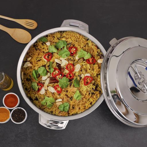 display image 1 for product Delta Double Wall Stainless Steel Hot Pot, RF10548 | Firm Twist Lock | Strong Handles With Heavy-Duty Rivets | Steel Serving Pot, Steel Chapati Storage Box, Roti Serving Pot, Chapati Dabba