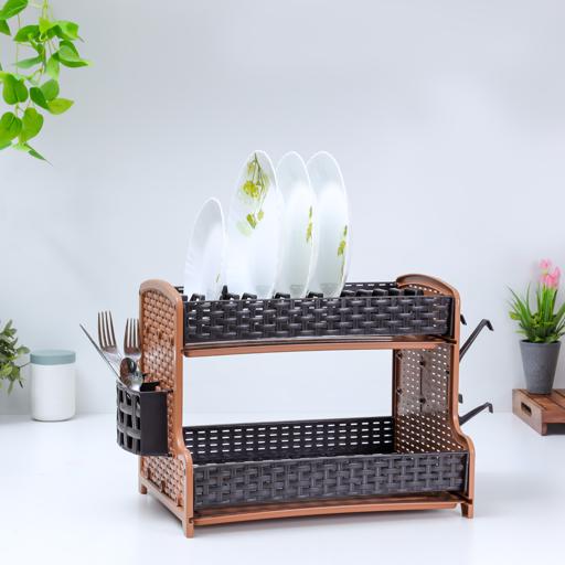 display image 1 for product Galaxy 2 Layer Rattan Dish Rack, Plastic Drip Tray, RF10798 | Multi-Purpose 2 Tier Dish Rack with Cup Holder & Cutlery Holder for Kitchen Countertop