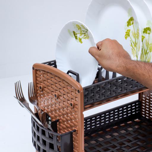 display image 3 for product Galaxy 2 Layer Rattan Dish Rack, Plastic Drip Tray, RF10798 | Multi-Purpose 2 Tier Dish Rack with Cup Holder & Cutlery Holder for Kitchen Countertop