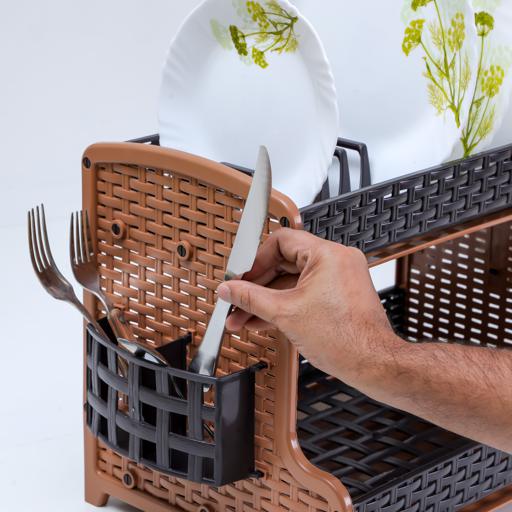 display image 4 for product Galaxy 2 Layer Rattan Dish Rack, Plastic Drip Tray, RF10798 | Multi-Purpose 2 Tier Dish Rack with Cup Holder & Cutlery Holder for Kitchen Countertop