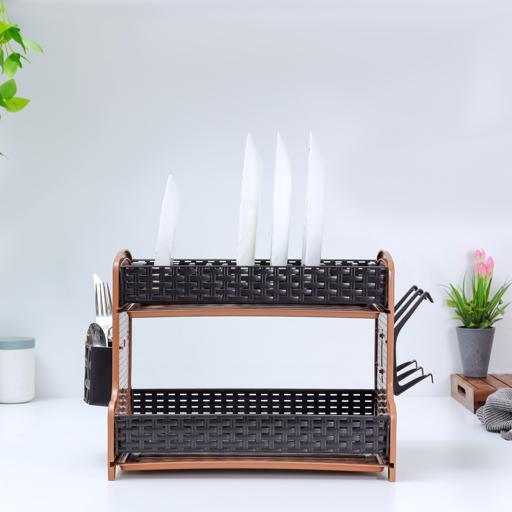 display image 2 for product Galaxy 2 Layer Rattan Dish Rack, Plastic Drip Tray, RF10798 | Multi-Purpose 2 Tier Dish Rack with Cup Holder & Cutlery Holder for Kitchen Countertop