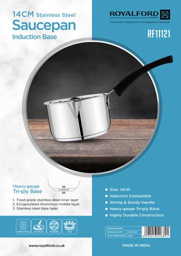 display image 7 for product 14cm Stainless Steel Saucepan, Induction Base, RF11121 | Stainless Steel Kitchen Cookware | Heavy-gauge Tri-ply Base Saucepan with Pouring Spout & Comfortable Handle