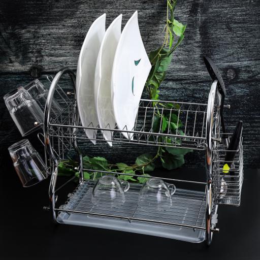 display image 1 for product Royalford 2 -Tier Stainless Steel Dish Drainer Rack - Utensil Holder, Drying Rack, With Plastic Tray