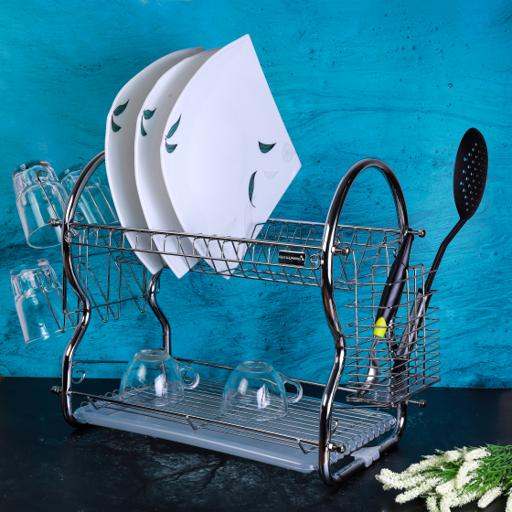 display image 2 for product Royalford 2 -Tier Stainless Steel Dish Drainer Rack - Utensil Holder, Drying Rack, With Plastic Tray