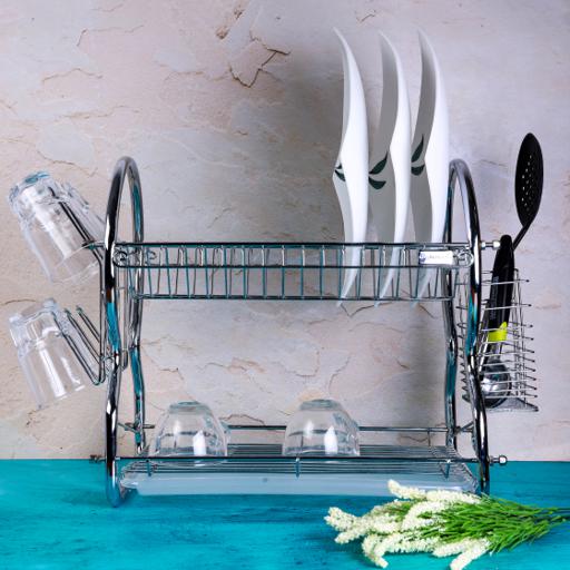 display image 3 for product Royalford 2 -Tier Stainless Steel Dish Drainer Rack - Utensil Holder, Drying Rack, With Plastic Tray