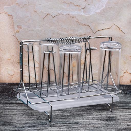display image 3 for product Royalford Stainless Steel 8 Glass Stand Holder With Drainer - Glass Drainer Storage Drying Rack