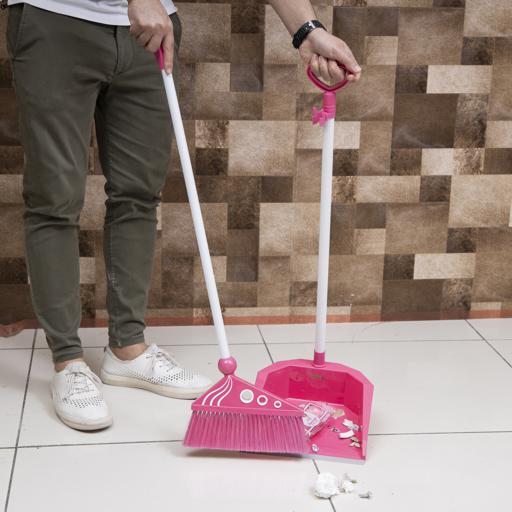 display image 2 for product Royalford RF4477PN Plastic Broom with Dustpan Set - Hand Broom with Synthetic Stiff Bristles - Broom Set Having Frayed and Angled Tips - Cleaning Tool Perfect for Home or Office Use
