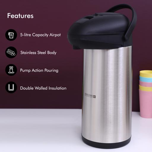 3/5L Tea Coffee Pot Vacuum Insulated Pump Action Travel Flask With Carry  Handle