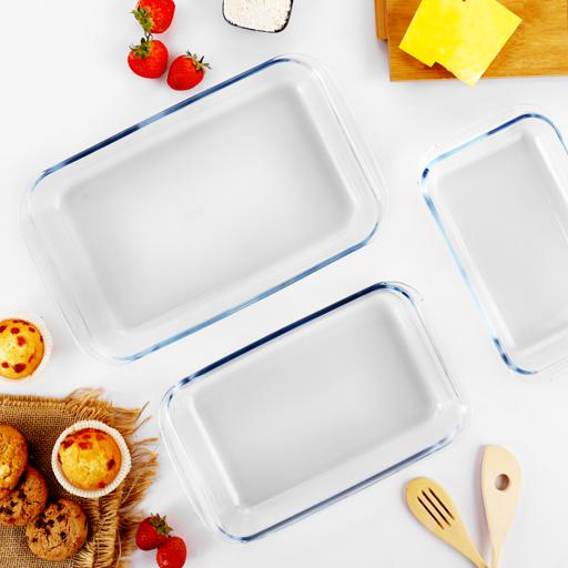 display image 1 for product Royalford 3Pcs Rectangle Borosilicate Glass Baking Tray Set 1L, 1.6L & 2.2L - Roasting & Baking Tray