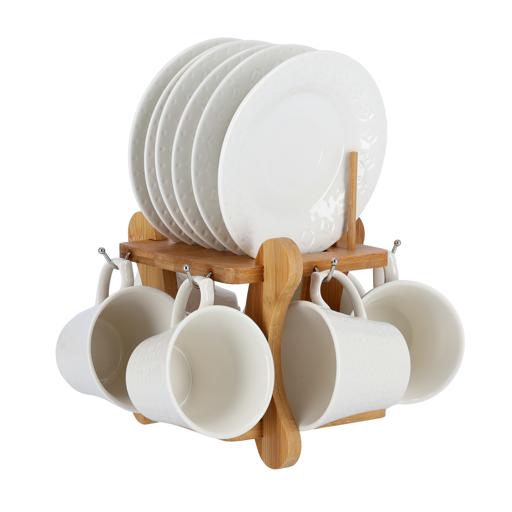 display image 8 for product Royalford 12Pcs Porcelain Cup & Saucer Set With Wooden Stand - Ideal For Daily Use - Non-Toxic