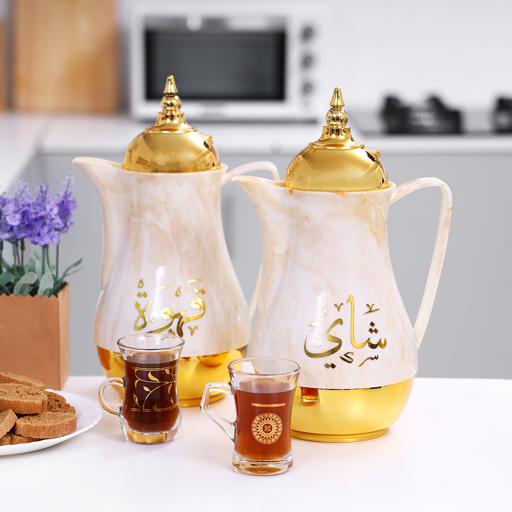 display image 1 for product Royalford 1L 2 Pieces Marble Tea & Cawa Set - Portable & Leak-Resistant Double Wall