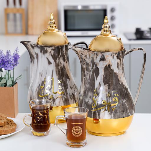 display image 1 for product Royalford 1L+1L 2 Pieces Marble Tea & Cawa Set - Portable & Leak-Resistant Double Wall