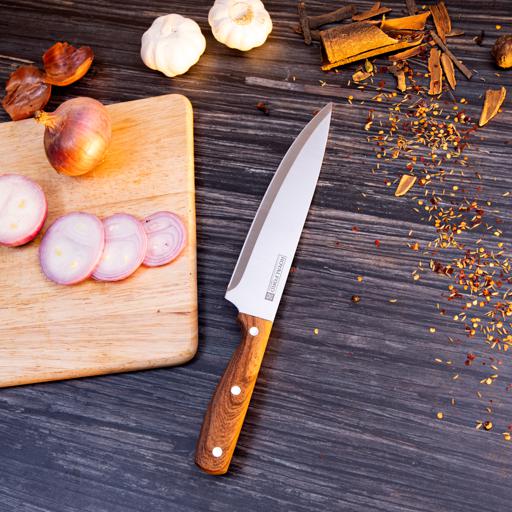 display image 3 for product Royalford 8" Chef Knife With Wooden Finish - All-Purpose Small Kitchen Knife - Ultra Sharp Stainless