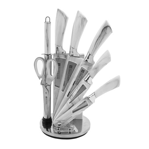 display image 0 for product Royalford 8 Pcs Kitchen Knife Set With Rotating Knife Block - Stainless Steel 5 Kitchen Knives