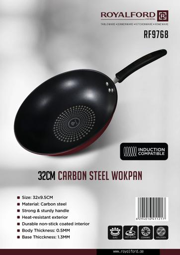 display image 8 for product Royalford 32Cm Carbon Steel Wokpan - Long Handle Non-Stick Wokpan - Frying Pan, Black-Coated