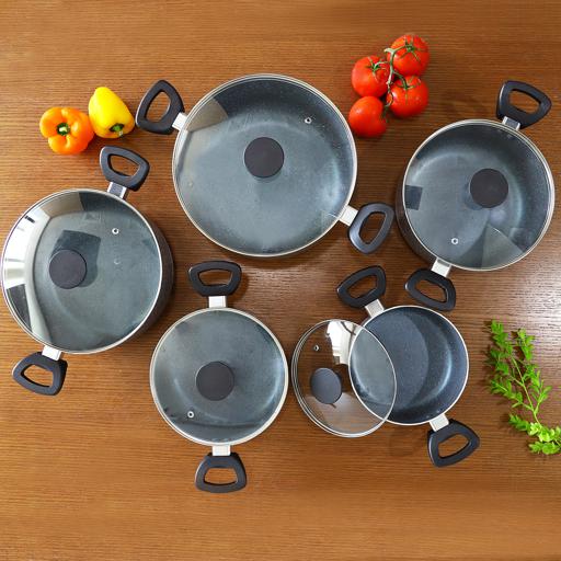 MSMK 7-Piece Non Stick Frying Pans with Lids and Wok, Brown