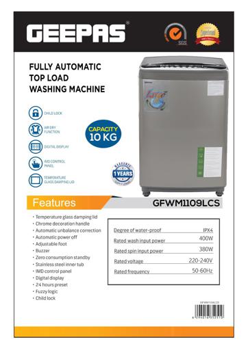 display image 10 for product Geepas Fully Automatic Top Loader Washing Machine 10kg - Auto-Imbalance, Gentle Fabric Care, Fuzzy Logic, Child Lock, Stainless Steel Drum | 1 Year Warranty