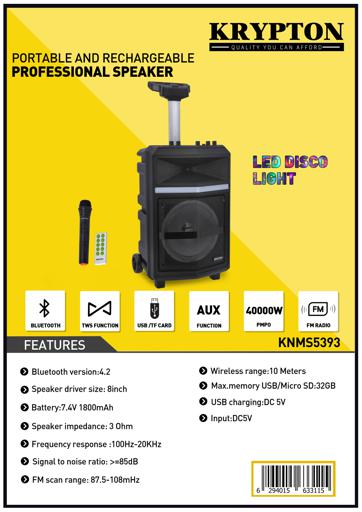 display image 10 for product Portable Professional Rechargeable Speaker, KNMS5393 | Trolley Handle & Wheels | TWS Function | BT/ Aux/ USB/ TF/FM/ Mic | Perfect for Indoor & Outdoor Use