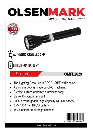display image 10 for product Olsenmark Rechargeable Led Flashlight, 242 Mm - Super Bright Cree- Led Torch Light - 1500 Distance